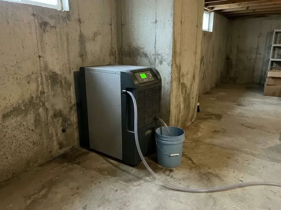 Commercial Dehumidifier — Residential Basement — Commercial Dehumidifier, Plastic Bucket, Drainage Hose, Residential Basemen…