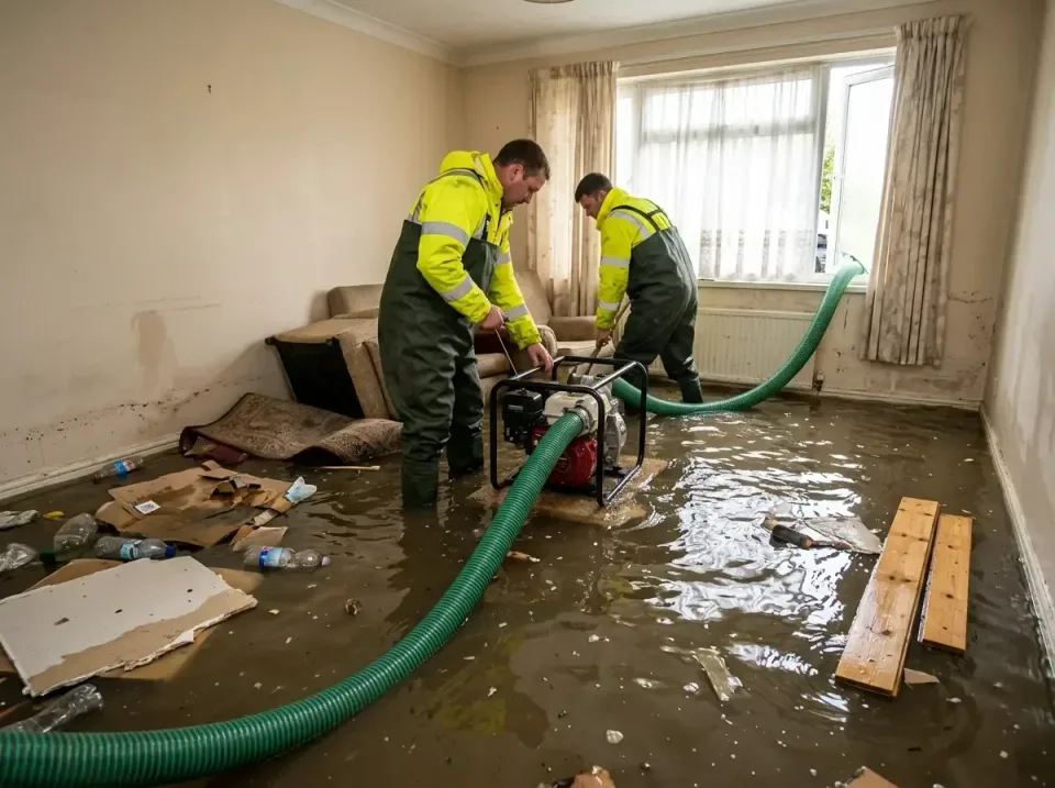 Portable Water Pump — Flooded Living Room — Portable Water Pump, Suction Hose, Discharge Hose, Flooded Living Room, Emergenc…