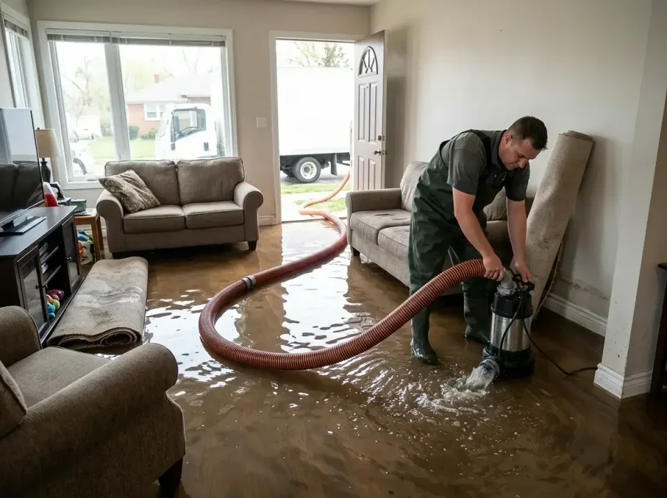 Submersible Pump — Residential Living Room — Submersible Pump, Water Extraction Hose, Restoration Technician, Residential Li…