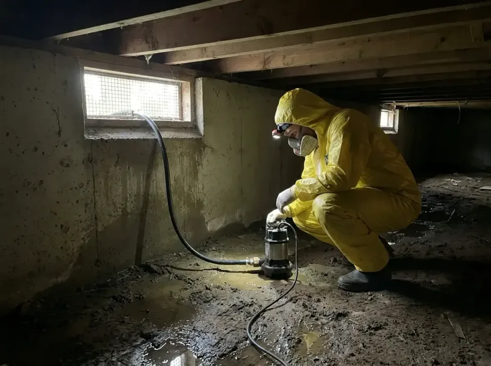 Technician — Crawl Space — Technician, Yellow Protective Suit, Respirator Mask, Crawl Space, Emergency Water Extraction & Re…