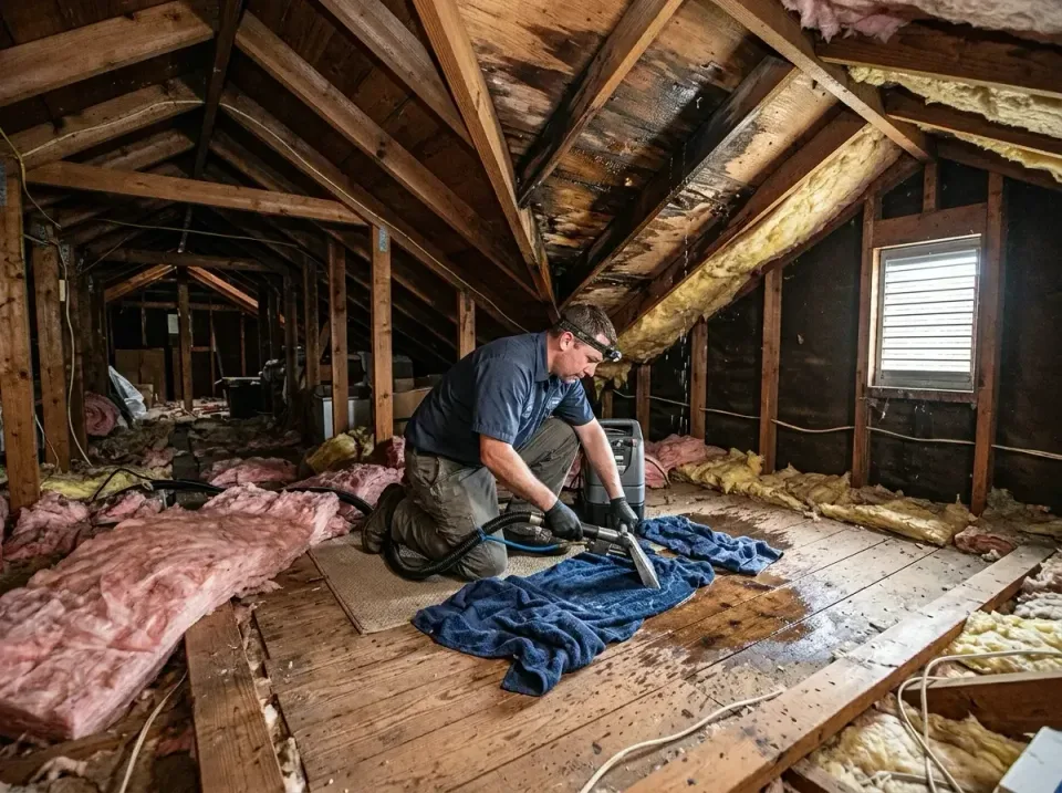 Technician — Attic — Technician, Water Extraction Wand, Vacuum Hose, Attic, Emergency Water Extraction & Removal in Dallas