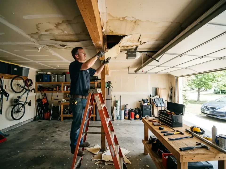 Technician — Water Damage Restoration — Technician, Stepladder, Garage Ceiling, Water Damage Restoration, Emergency Water Ex…