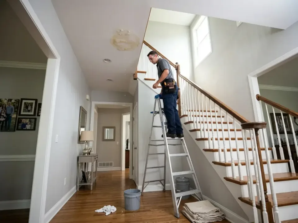 Technician — Water Damage Restoration — Technician, Stepladder, Water Bucket, Water Damage Restoration, Emergency Water Extr…