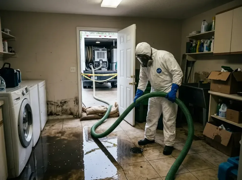 Technician — Water Damage Restoration — Technician, Hazmat Suit, Respirator Mask, Water Damage Restoration, Emergency Water…