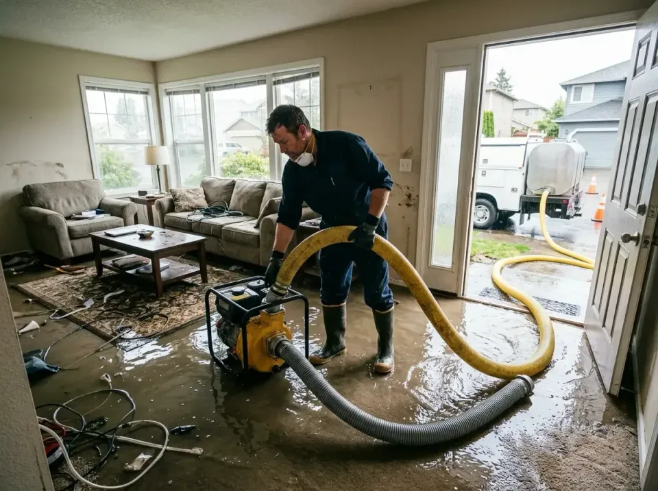 Water Extraction Pump — Residential Living Room — Water Extraction Pump, Yellow Suction Hose, Grey Corrugated Hose, Resident…