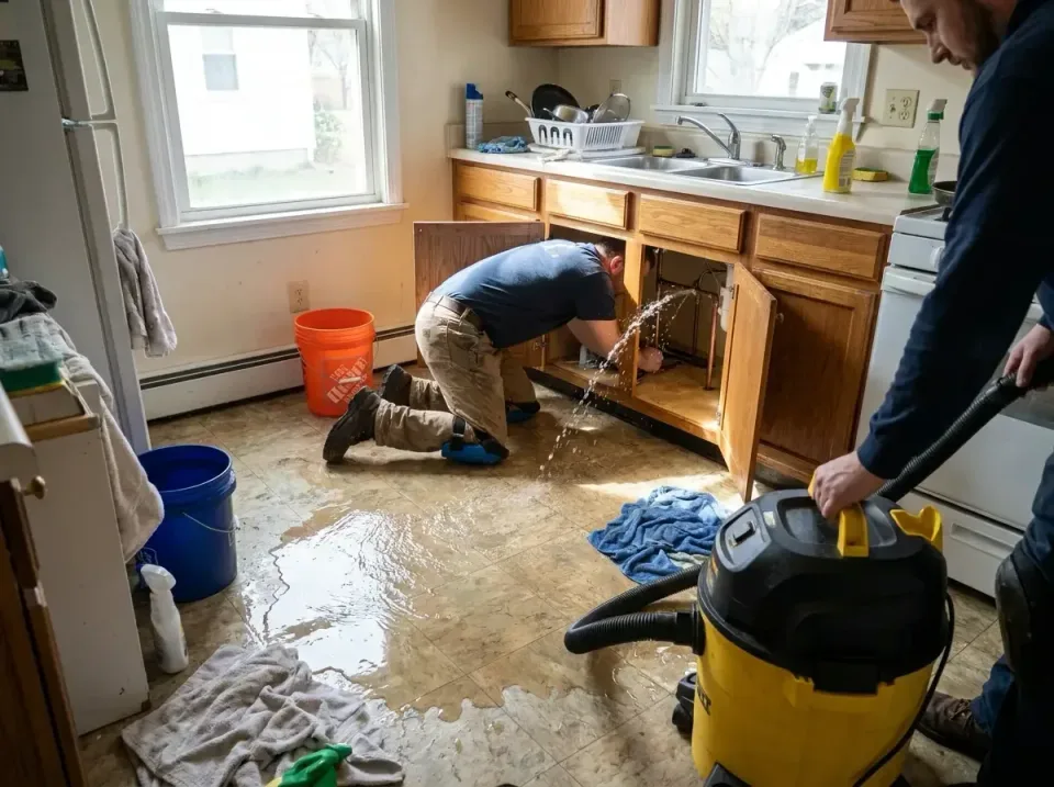Wet Dry Vacuum — Residential Kitchen — Wet Dry Vacuum, Vacuum Hose, Orange Bucket, Residential Kitchen, Emergency Water Extr…