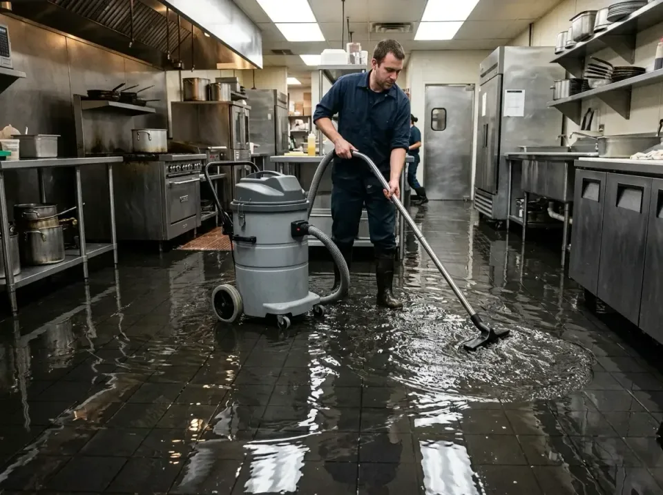 Wet Vacuum — Commercial Kitchen — Wet Vacuum, Vacuum Wand, Worker, Commercial Kitchen, Emergency Water Extraction & Removal…