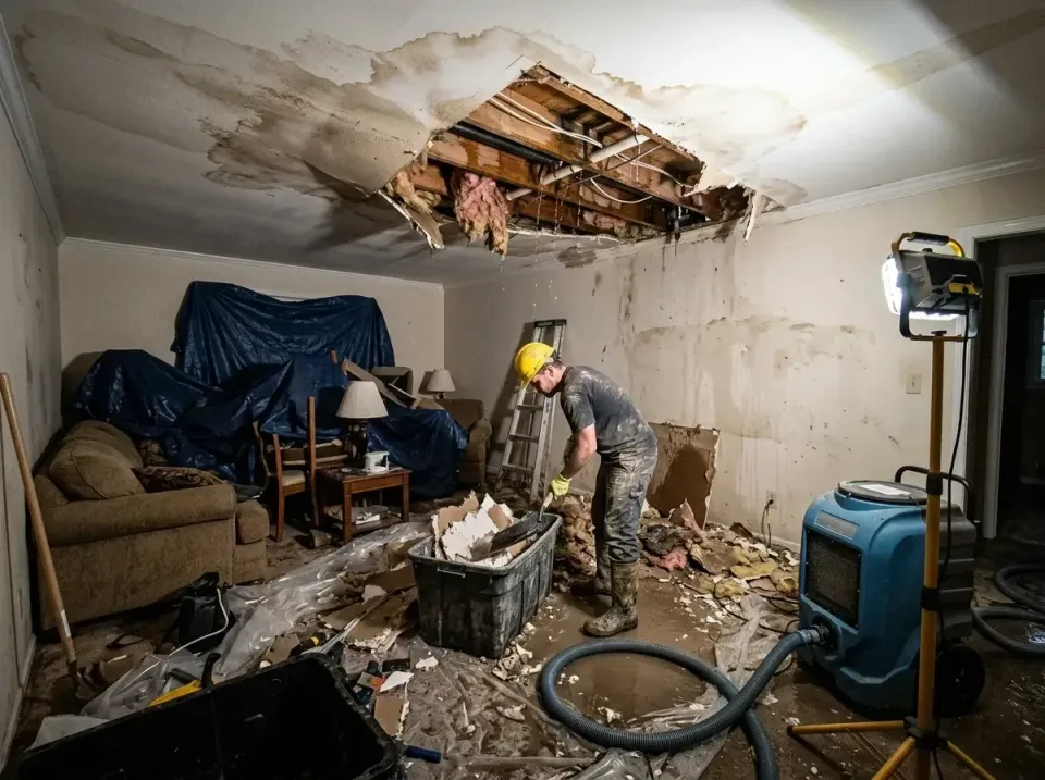 Worker — Water Damage Restoration — Worker, Hard Hat, Safety Gloves, Water Damage Restoration, Emergency Water Extraction &…